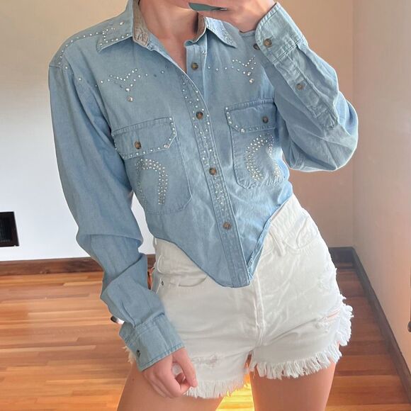 Vintage Faded Glory Originals Bedazzled Chambray Button Down Size S - Picture 1 of 8
